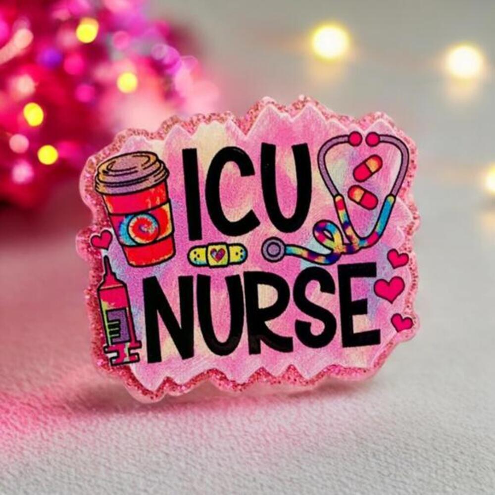 Handmade Magnet - ICU Nurse Fridge Decoration, Pink Glitter 1.75” RN Nursing
